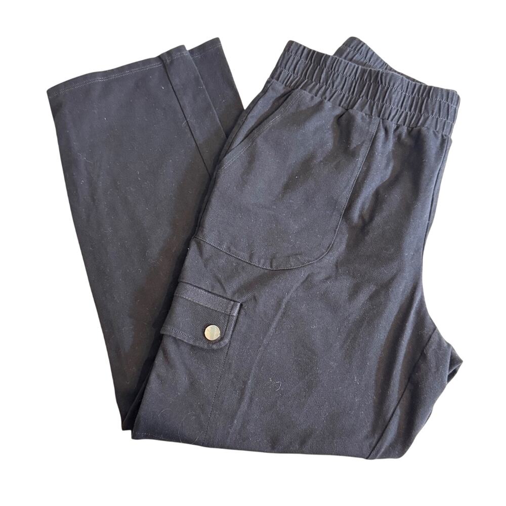 Chico's Zenergy pants black knit pull on straight leg side snap pocket Sz 1 US M